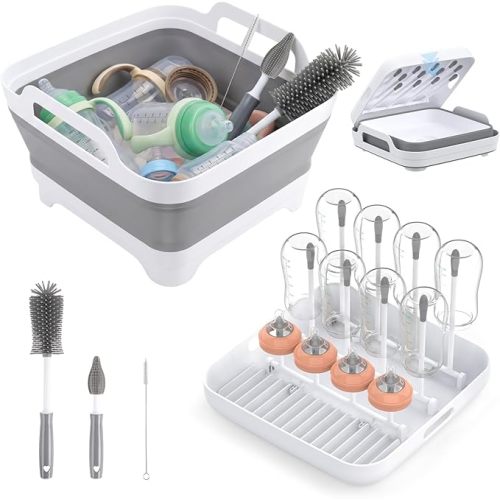 Yecuip Collapsible Wash Basin for Baby Bottles with Drying Rack – 2.4 Gallon Foldable Dish Tub with Handles, Portable RV Camping Sink & Space-Saving Wash Bin with Lid for Kitchen, Travel & Outdoor