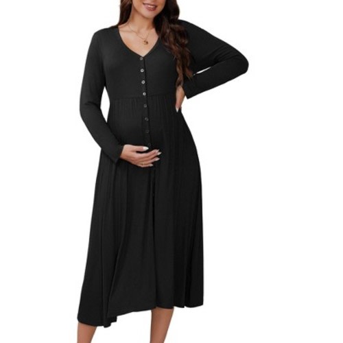INSPIRE CHIC Women's Maternity Dresses Button Pleated Long Sleeve Photoshoot Baby Shower Pregnancy Maxi Dress Medium Black