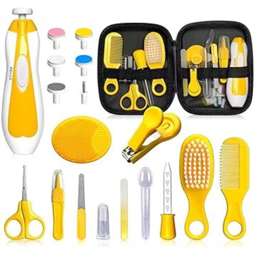 Baby Grooming Kit - 19 in 1 Nursery Essentials Baby Registry Shower Gift for Newborns, Infants, Toddlers, Boys, Girls Kids-Safety Baby Comb, Brush, Finger Toothbrush, Nail Clippers, Scissors(Yellow)
