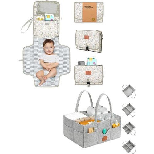 KeaBabies Portable Diaper Changing Pad and Baby Diaper Caddy Organizer - Waterproof Foldable Baby Changing Mat - Large Baby Organizer for Nursery, Foldable Baby Clutch