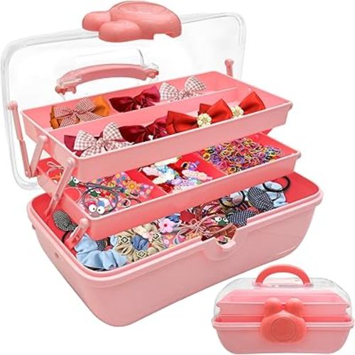 FMOACEN 3-Tier Lockable Hair Accessories Organizer for Girls - Foldable Craft Storage Box Pink Plastic box with 2 Trays for Headbands, Art Supplies, Beads & Washi Tapes
