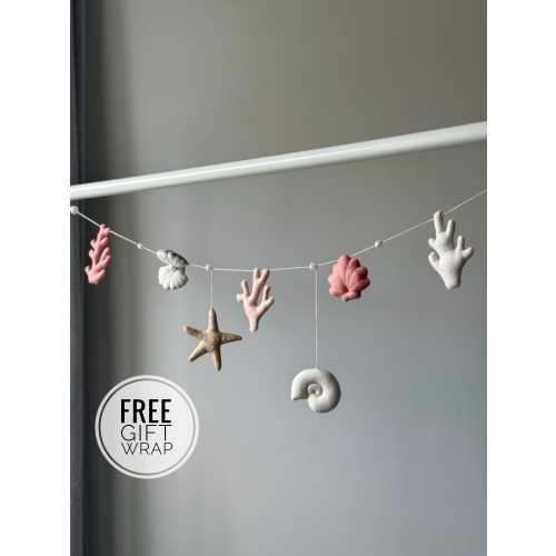 Ocean Theme Felt Garland: Starfish, Coral, Seashells, Coastal Wall Garland, Handmade Ocean Nursery Decor