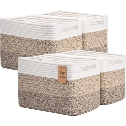 Storage Baskets for Organizing, 4 Pack Baskets for Shelves, Decorative Storage Bins for Shelves, Cotton Rope Storage Basket with Handles, Woven Basket for Storage, 13''Lx8.7''Wx7.9''H, Gradient Brown