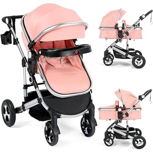 Kinder King 3 in 1 Reversible Baby Stroller w/Detachable Tray, Convert to Newborn Pram, Folding Infant Carriage for Toddler, Adjustable Canopy & Handle, Aluminum Alloy, Suspension Wheels