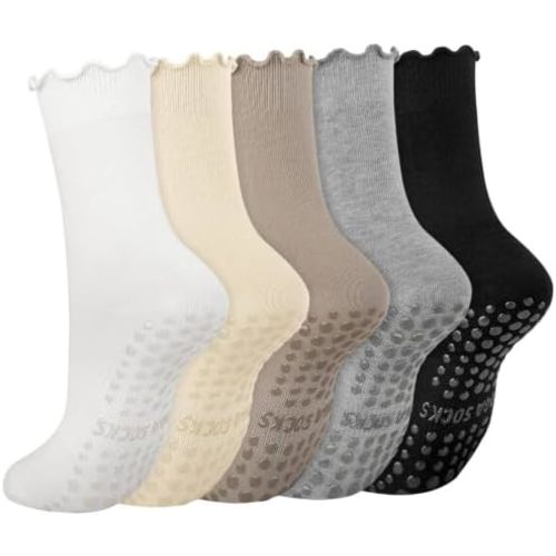 5 Pairs Ruffle Pilates Grippy Socks with Grips for Women