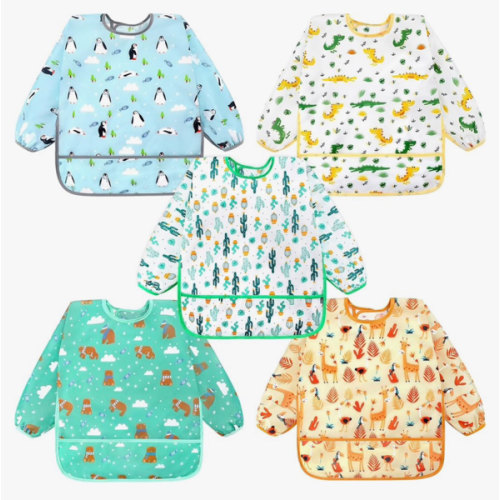 Accmor 5 Pack Long Sleeve Bibs, Baby Smock Waterproof Sleeved Bib Smock for Baby Toddler 6-36 Months