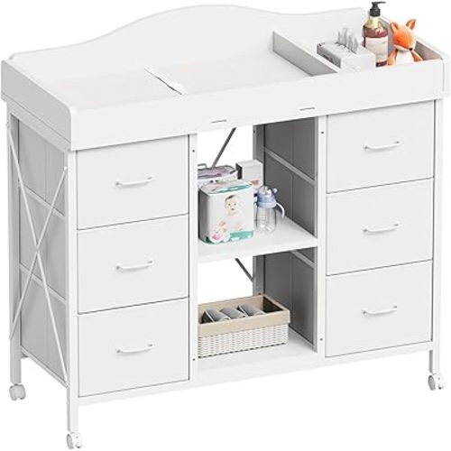YeTom Changing Table, 6-Drawer Dresser, Adjustable Shelves, Rustic Brown