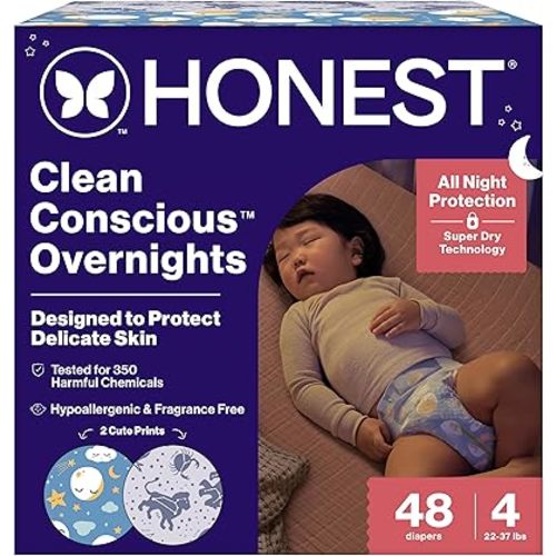 The Honest Company Comfort Dry Disposable Overnight Diapers for Sensitive Skin, Hypoallergenic, Baby Cozy Cloud and Star Signs Design Club Box Size 4 (22–37 lbs) 48 Count
