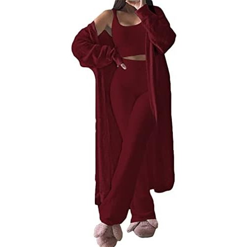 Fixmatti Women's Fuzzy 3 Piece Sweatsuit Open Front Cardigan Crop Tank Tops Wide Legs Pants Lounge Sets