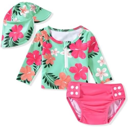 HINTINA Newborn Baby Girl Long Sleeve 2-Pieces Swimsuit Bathing Suit with Hat