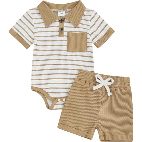 0-18M Baby Boy Summer Clothes Shorts Set Stripes Ribbed Bodysuit Polo Onesie Romper Tops Shorts Summer Outfit Set