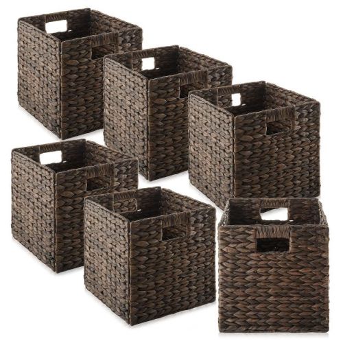 Casafield 10.5" x 10.5" Water Hyacinth Storage Baskets, Espresso - Set of 6 Collapsible Cubes, Woven Bin Organizers for Bathroom, Bedroom, Laundry