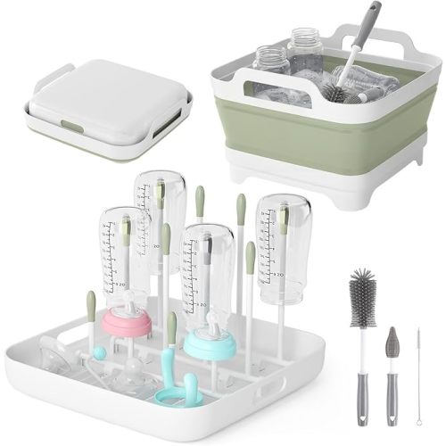 Volnamal Collapsible Wash Basin for Baby Bottles - Portable 2.4 Gallon Dish Basin with Drying Rack & Lid, Foldable RV Sink Tub for Camping, Sturdy Wash Tub for Kitchen, Camping, Outdoor Use (Green)