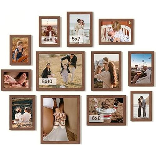 Heimlove Walnut Wood Grain Collage Picture Frames Set of 12,Two 8x10,Two 6x8,Four 5x7,Four 4x6 Photo Frames,Gallery Wall Frame Set for Wall Mount or Tabletop Display