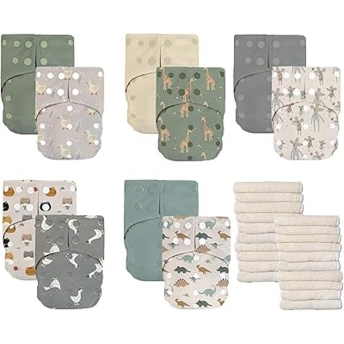 LA PETITE OURSE 10 One Size Animal Printed Snap Cloth Diaper With 20 4-Layer Premium Bamboo Inserts, for Babies Weighing 10–35 Pounds