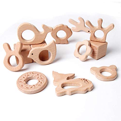 Baby Natural Wooden Teether Toy Wood Pendant Animals Bulk Safe and Satisfying Toy, Bunny Whale Bird Bear Crown Shell Flower Cactus Doughnut Deer