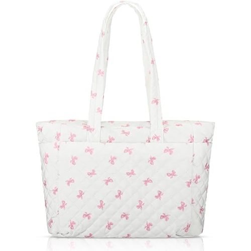 Women Blue Floral/Pink Bow Tote Bag Lightweight Puffy Tote Bag with Zipper Quilted Shoulder Handbag for Travel Work