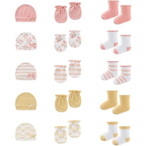 15 Pack Infant Hats Gloves Socks Unisex Baby Boy Girl Accessories Set Cotton New Born Caps Mittens