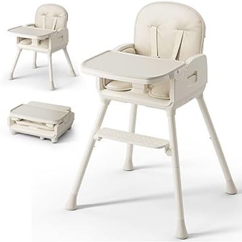 3-in-1 Portable Baby High Chair for Babies and Toddlers, Convertible Easy Clean Infant Foldable Highchair with Adjustable Legs & Dishwasher Safe Tray, Beige