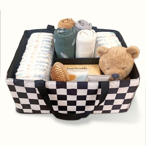 Tiny Twinkle Diaper Caddy Organizer | Foldable Baby Storage Basket with Removable Divider | Waterproof & Mess-Proof Fabric, Portable Nursery Organizer for Newborn Essentials (Black Checkers)