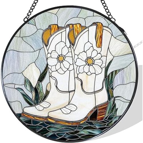 Western Cowgirl Boots Stained Glass Window Hanging Suncatcher, Cowboy Boots Flower Sun Catcher Indoor Window Decor, Cowgirl Gifts Painted Glass Round Wall Hanging Decorations, 7.8x7.8 in