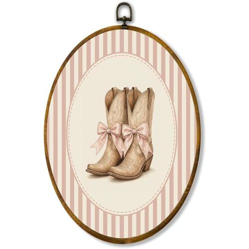 Cowgirl Boots Wall Art, Pink Oval Framed Canvas Print