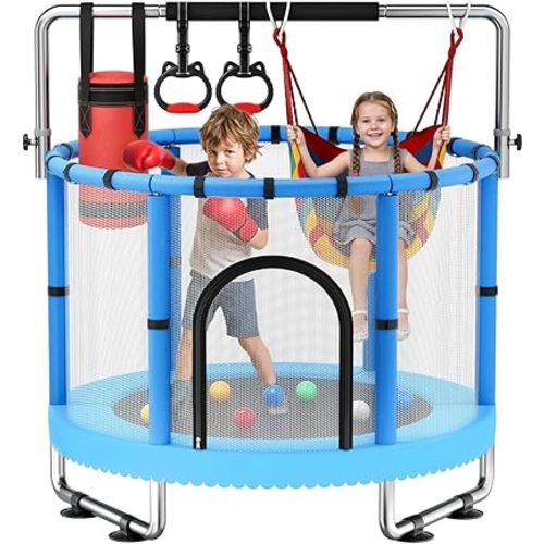 Toddler Trampoline for Kids, Trampoline with Net, Trampoline Indoor Outdoor playset with Adjustable Gymnastics Bar, 440lbs Kids Trampoline, Easy Assembly