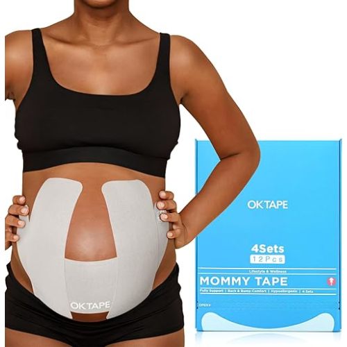 OK TAPE Pregnancy Belly Tape, Hypoallergenic Precut Belly Band Support, Relief Maternity Round Ligament Pain/Back Pain/Belly Pain, Women Pregnancy Must Haves, 4 Sets, Fashion Grey - For 27-40 weeks