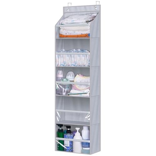AOODA Over the Door Organizer, Large Capacity Closet Door Hanging Organizer, Clear Deep Pockets Baby Storage for Nursery, Bathroom, Bedroom, Pantry, Diapers (Grey)