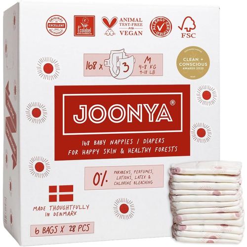 Joonya Baby Diapers, Size 3 M (9-18 lb) - 6 Bags of 28 (168) - New Range - NonToxic, Eco-Friendly, Ultra Slim, Overnight Use - Made in Denmark