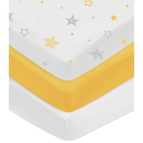 American Baby Company 3 Pack Fitted Crib Sheets 28" x 52", Soft Breathable Neutral 100% Cotton Jersey Sheet, Golden Yellow Star/Yellow/White, for Boys and Girls, Fits Crib and Toddler Bed mattresses