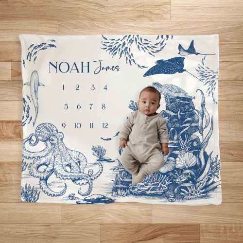 Ocean Baby Monthly Milestone Blanket Personalized Baby Keepsake Gift Under the Sea Baby Shower Gift Newborn Photo Prop Baby Growth Chart Boy