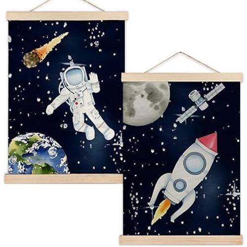 RYYCDOI Outer Space Astronaut and Rocket Wall Art Poster, Cosmic Space Galaxy Adventure Wall Art Decor for Nursery Toddler Boys Kids Bedroom Playroom Classroom, 12x16 Inches Set of 2