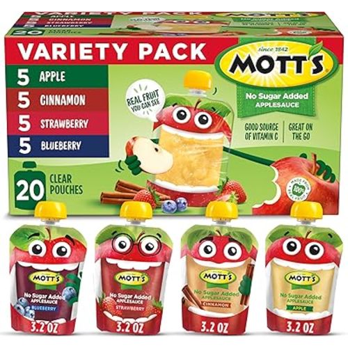 Mott's No Sugar Added Applesauce Variety Pack, 3.2 Oz Pouches, 20 Count
