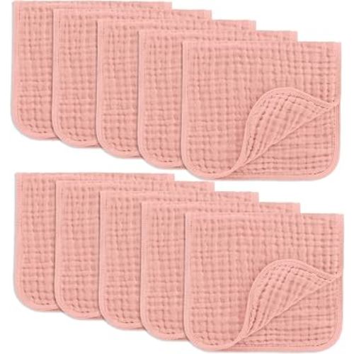 Comfy Cubs Muslin Burp Cloths 20" x 10", Pack of 10 - Large, 6-Layer, Ultra Absorbent 100% Cotton for Baby Drool and Messes - Soft, Safe & Gentle Baby Burp Cloths for Boys & Girls - Bold Blush