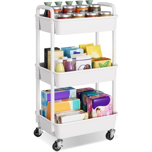 3 Tier Plastic Rolling Cart with Wheels, White Three Tiered Craft Cart Organizer on Lockable Wheels, Utility Roller Storage Carts for Art, Baby Diaper Caddy, Snack, Nail, Makeup, Book, Nursery