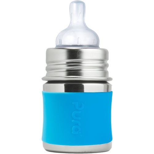 Pura Kiki 5oz/150ml Stainless Steel Anti-Colic Infant Bottle w/Silicone Natural Vent Nipple & Sleeve, 100% Plastic-Free, MadeSafe Certified, Medical-Grade Silicone - Aqua