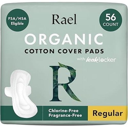 Rael Pads for Women, Organic Cotton Cover - Moderate Absorbency, Feminine Care, Ultra Thin, Sanitary Napkins with Wings, Unscented (Regular, 56 Total)