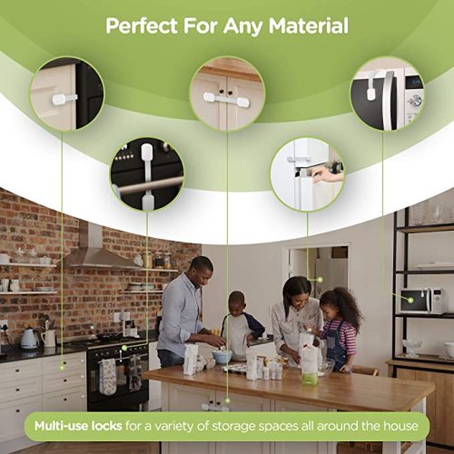 Baby Proofing Child Safety Locks (16 Pack) by Skyla Homes - The Safest, Quickest and Easiest 3M Adhesive Cabinet Latches, No Screws & Magnets, Multi-Purpose for Furniture, Kitchen, Ovens, Toilet Seats - White - 16 Count (Pack of 1)