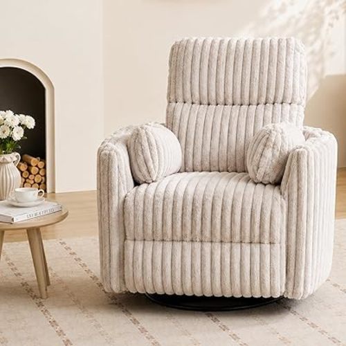 Power Nursery Rocking Chair Swivel Glider Reclining Chair with 2 Pillows, Nursery Glider Rocking Recliner with Type-C & USB Charger Port, Corduroy Upholstery Armchair for Living Room/ Off-White