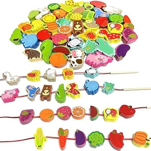 46 PCS Montessori Wooden Lacing Beads Toys for Toddlers,Educational Stringing Animals Fruits Farm Threading Beads Preschool Learning Toys for Kids 3 4 5 6 Year Old Boys Girls…