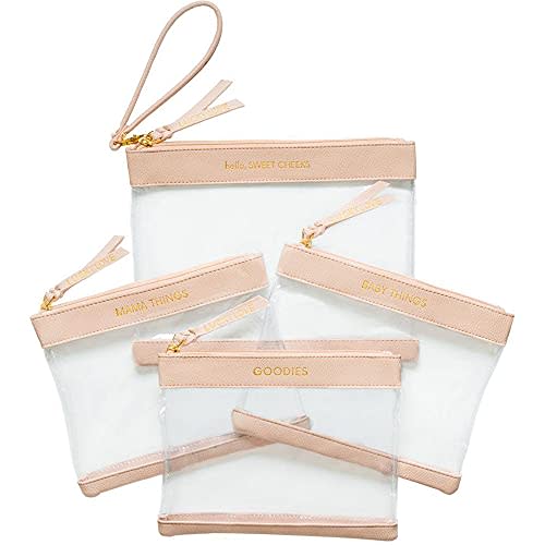 Diaper Bag Organizing Pouches | Set of 4 Including Diaper Clutch | Dry Wet Bag (Blush & Clear)