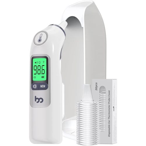 femometer Ear Thermometer for Adults and Kids, 1-Second Infrared Digital Thermometer with 30 Memory Recall, 3-Color Fever Alarm, Silent Mode, 21 Disposable Probe Covers, Storage Case