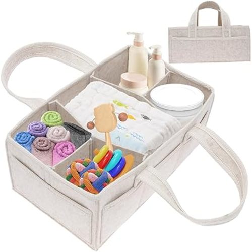 Diaper Caddy Organizer with Handles and Removable Dividers Felt Baby Diaper Caddy Multipurpose Nursery Storage Basket for Mom(Oatmeal color,large size)