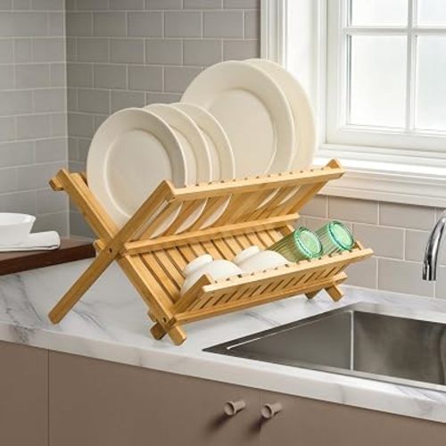 Dish Drying Rack, 2 Tier Bamboo Drying Rack, Freestanding Collapsible Countertop Dish Drainer, Folds Flat for Compact Storage, Eco-Friendly Natural Bamboo, 17.72" x 11.1" x 9.45" Open, Ideal for