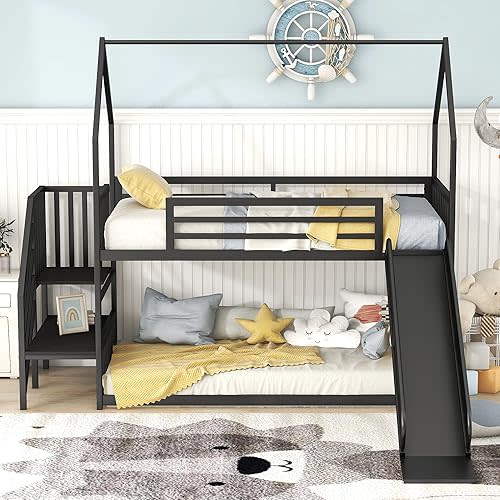 Harper & Bright Designs Twin Over Twin Metal Bunk Bed with Slide and Stairs, Low Bunk House Bed for Kids, Floor Bunk Bed, Modern Style Heavy-Duty Steel Frame (Black)