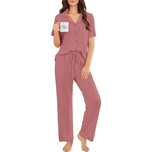 Ekouaer Pajamas for Women Set Button Up Sleepswear 2 Piece Short Sleeve PJ Top and Long Pants Loungwear With Pocket S-XXL