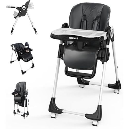 4 in 1 Baby High Chair, High Chairs for Babies and Toddlers, Foldable Highchair with 4 Wheels, 4 Levels of Recline and 7 Levels of Height Adjustment (Black)
