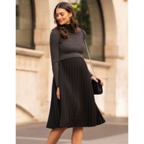 Charcoal Pleated Maternity & Nursing Dress