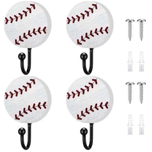 Marsui 4 Pcs Baseball Wall Decor Vintage Baseball Hooks Decoration Wood Coat Hooks Wall Mounted Sports Theme Bathroom Decor Towel Hanger for Home Entryway Playroom Hats Keys